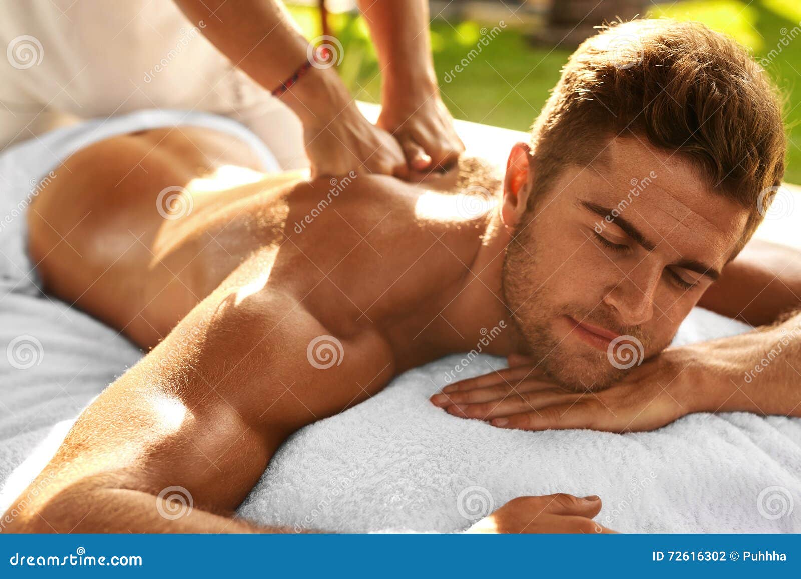 Spa Body Massage. Man Enjoying Relaxing Back Massage Outdoors Stock Photo -  Image of muscles, comfortable: 72616302