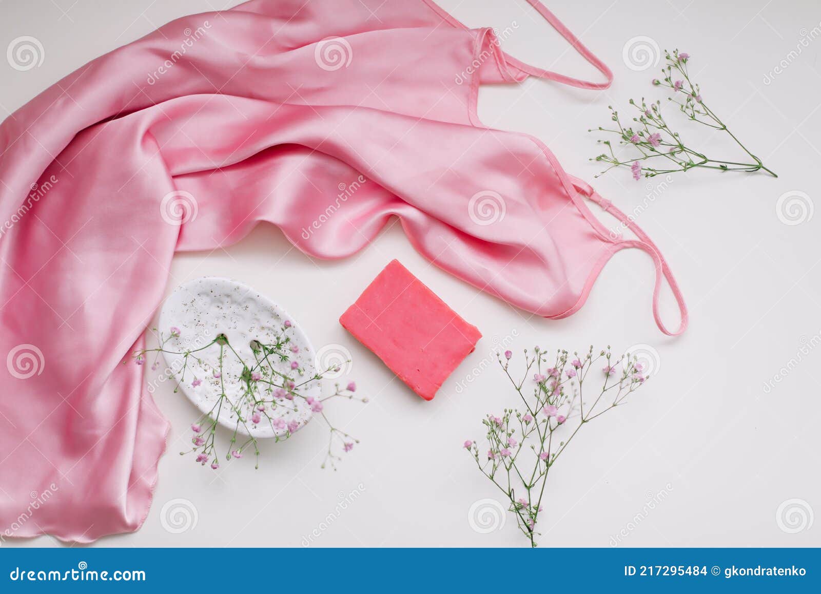 Spa Composition with Pink Soap Bar with Ceramic Soap Dish, Silk Babric