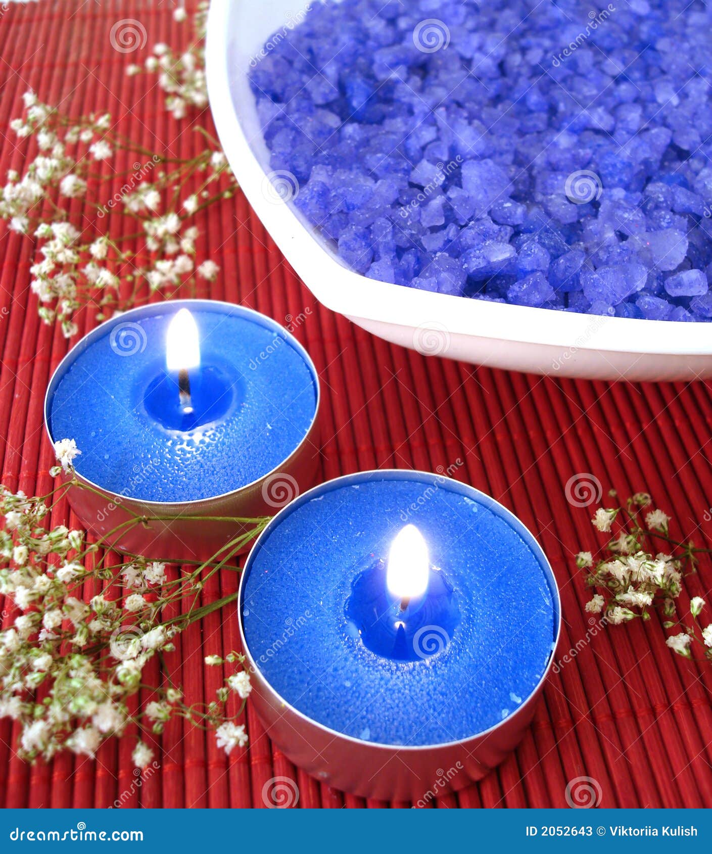 Spa Essentials (blue Salt, Candle and Flower) Stock Image Image of