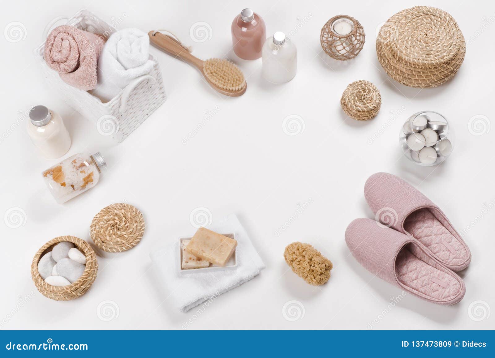 Spa Products and Accessories on White with Copyspace in Center Stock