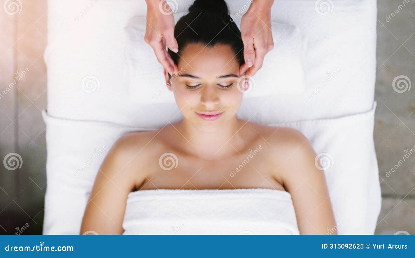 spa, salon and woman relax for head massage, facial treatment and luxury pamper. aesthetic, skincare and above of person