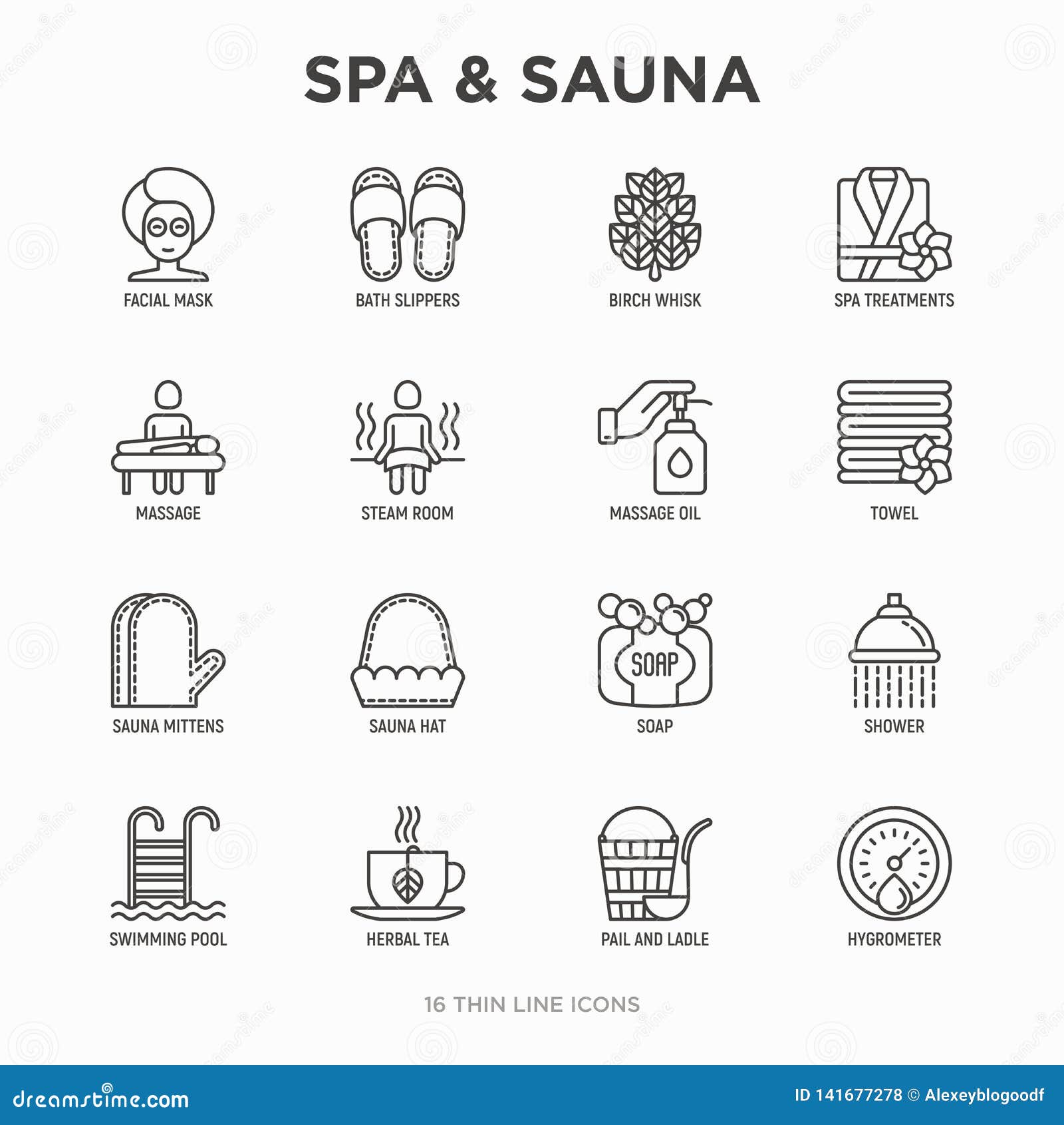 Spa And Sauna Thin Line Icons Set Massage Oil Towels Steam Room Shower Soap Pail And Ladle