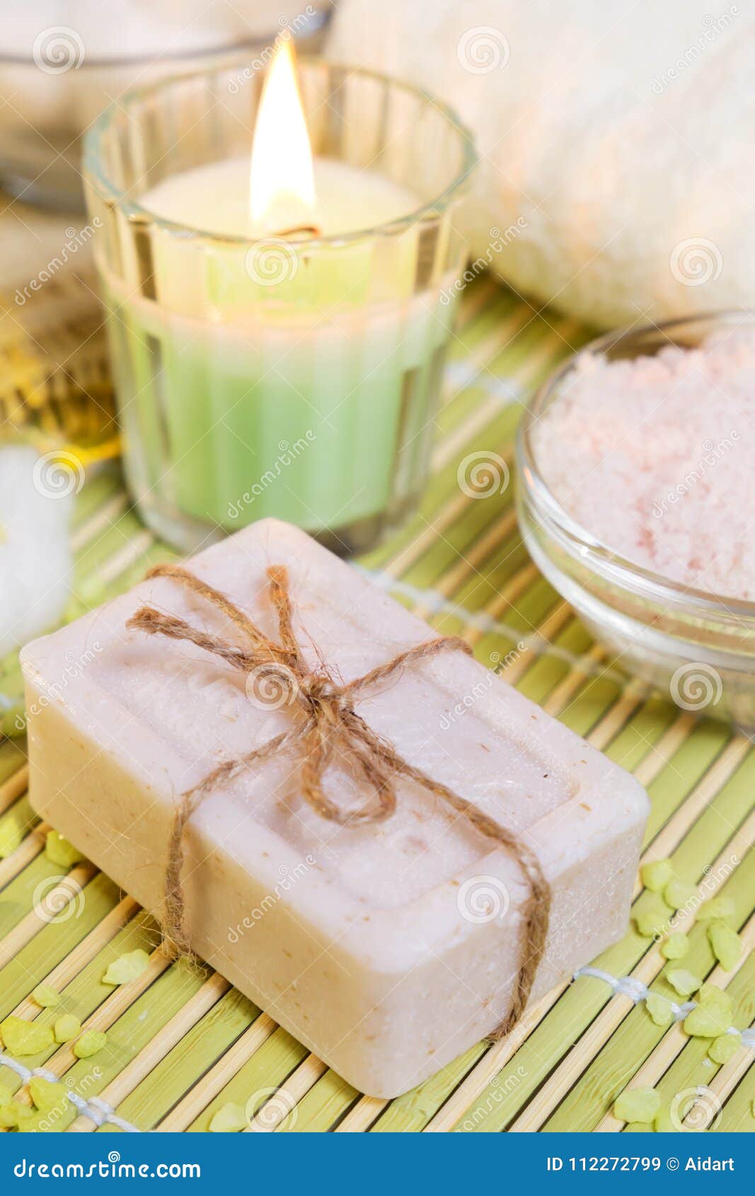 Spa Setting with Natural Soap, Bath Salts and Candle. Stock Image Image of home, hygiene