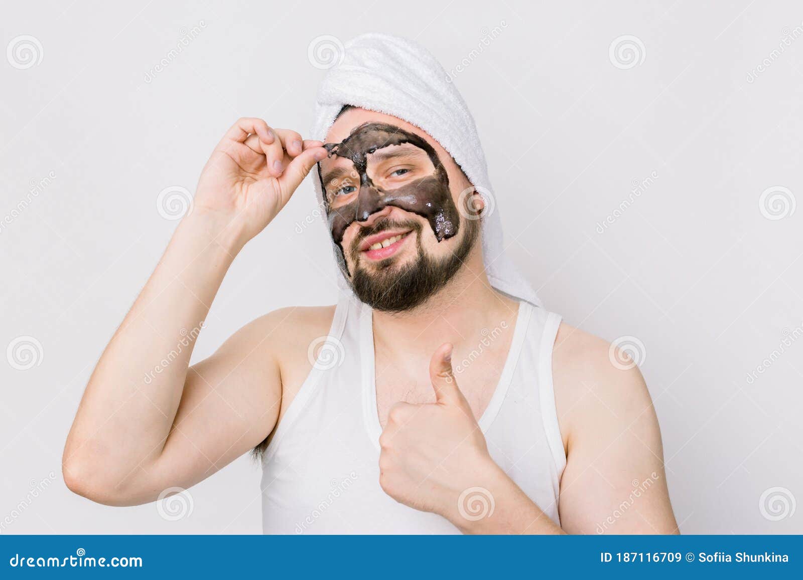Spa and Skin Care for Men. Young Funny Guy with Black Anti Acne Charcoal on Face on White Background, Removing Stock Image - Image of beauty, face: 187116709