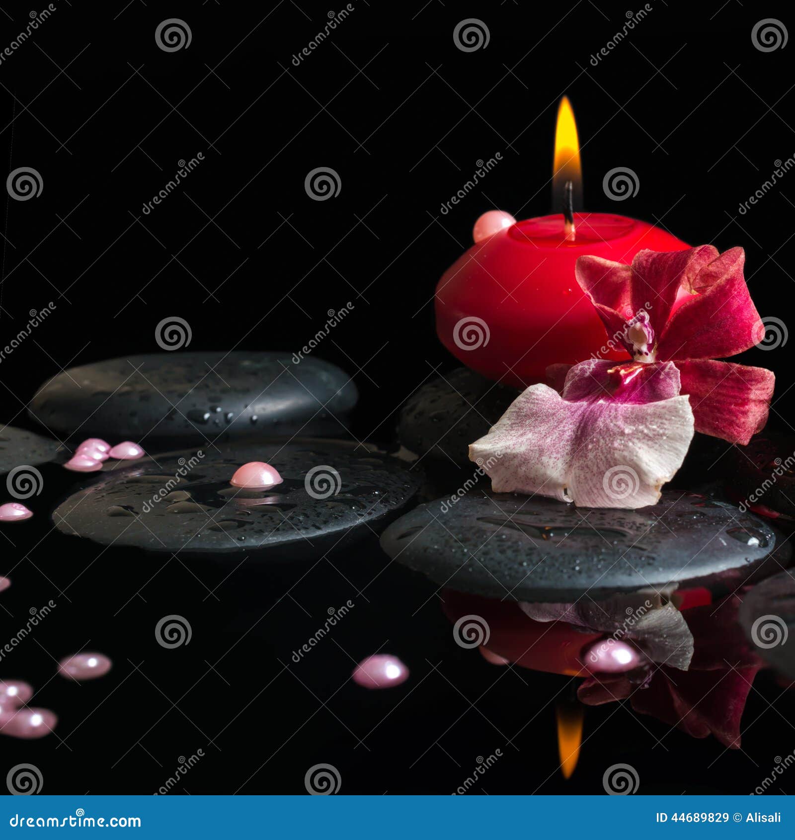 Spa Still Life Of Red Candle Zen Stones With Drops Orchid Stock Image Image Of Candlelight