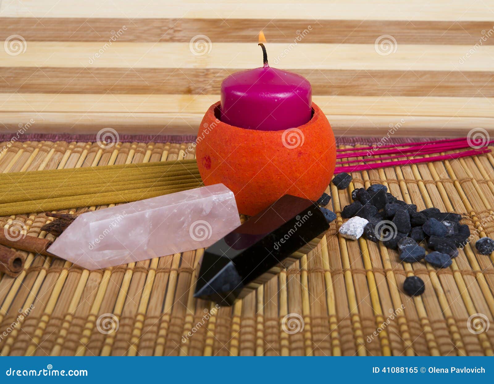 Spa Theme. Candle, Crystals and Incense Aromatherapy Stock Image
