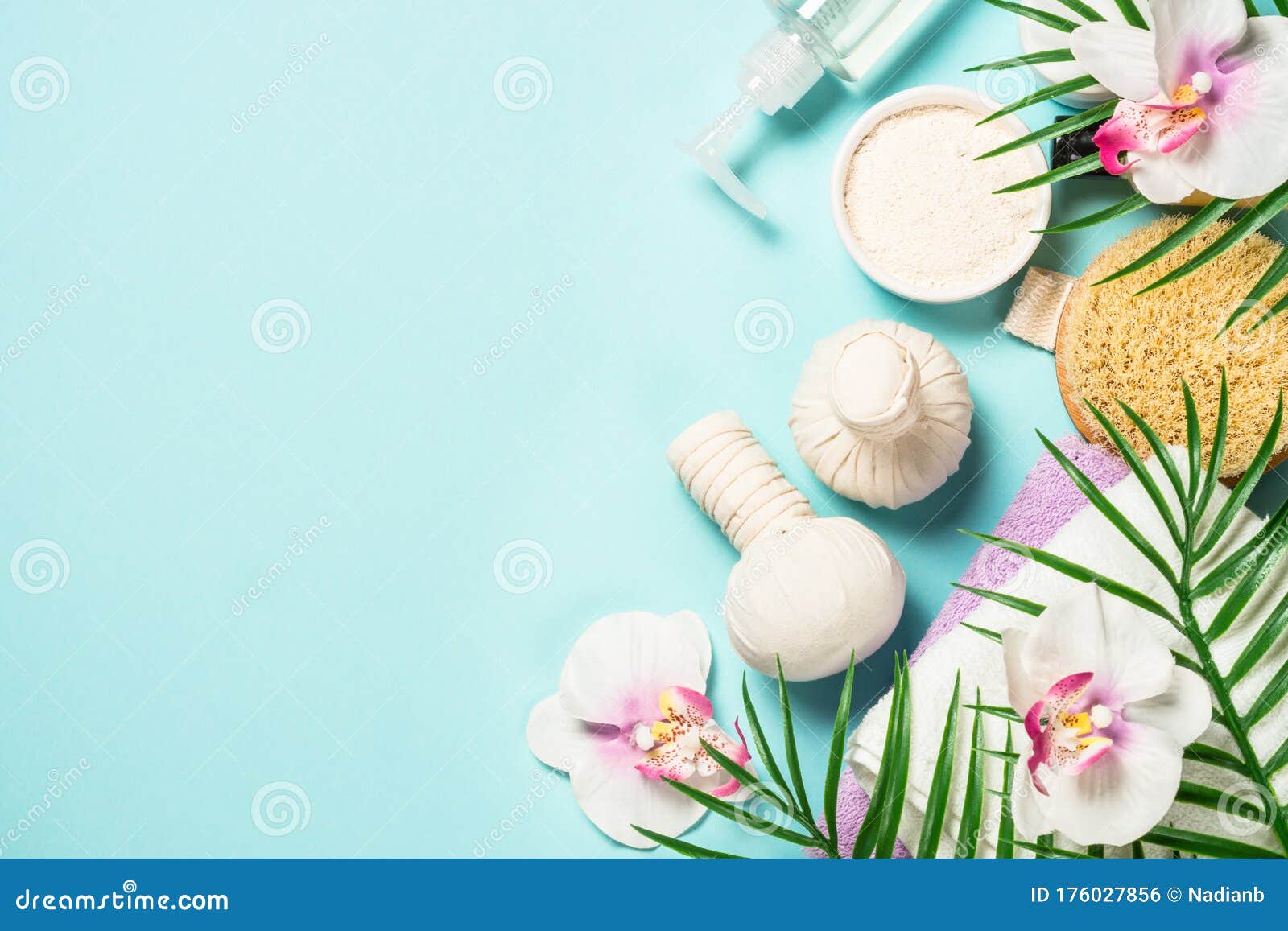 Spa Treatment Flat Lay Background on Blue. Stock Photo - Image of flower,  bath: 176027856