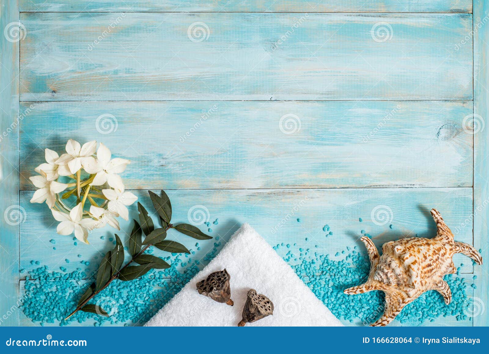 Spa and Wellness Setting with Flowers, and White Towel on Old Wooden  Background. Blue Dayspa Nature Set. Copyspace Stock Photo - Image of  nature, leaf: 166628064