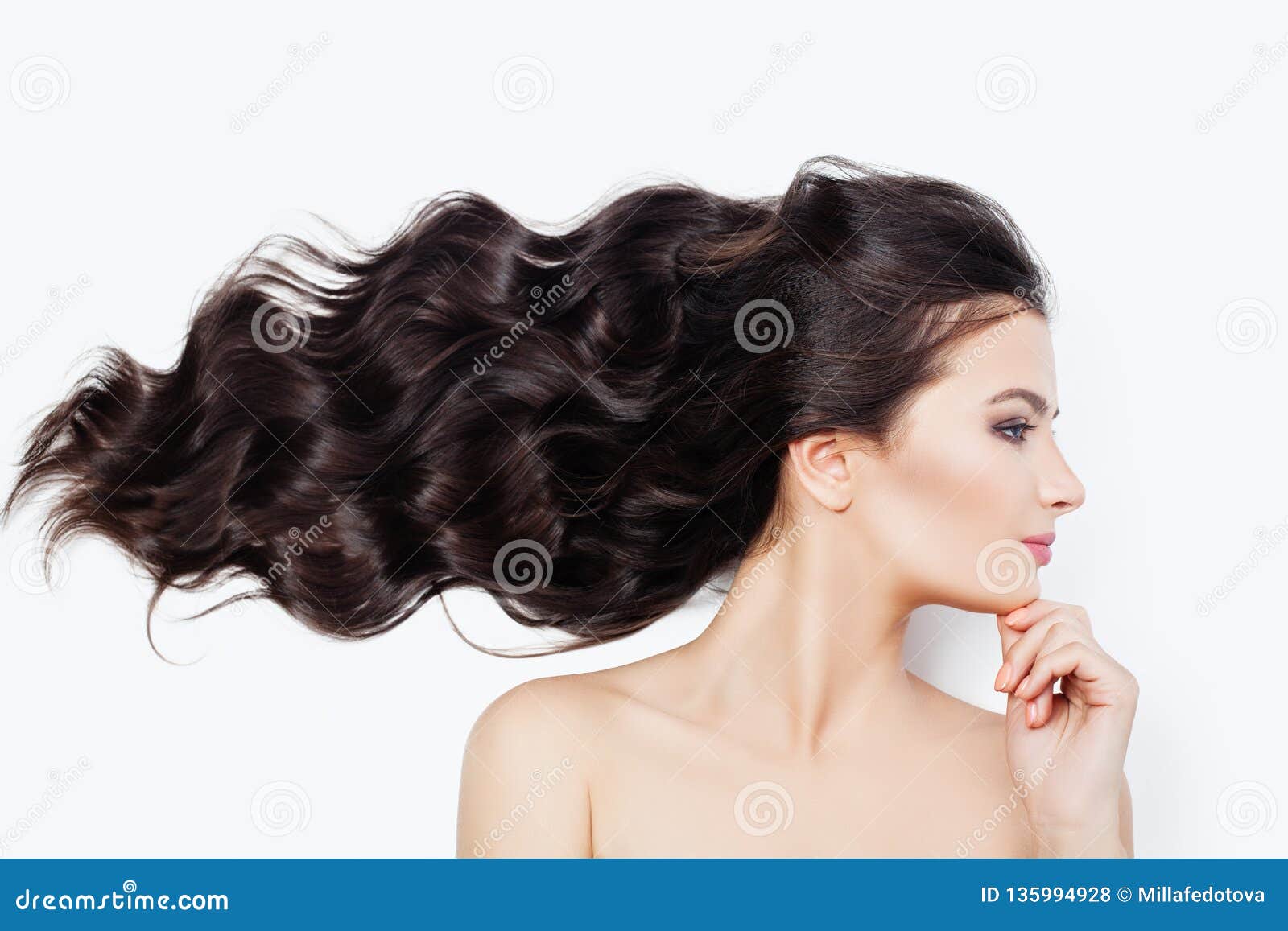 Spa Woman with Blowing Curly Hair on White Background. Facial Treatment,  Cosmetology, Haircare and Wellness Concept Stock Photo - Image of haircare,  brunette: 135994928
