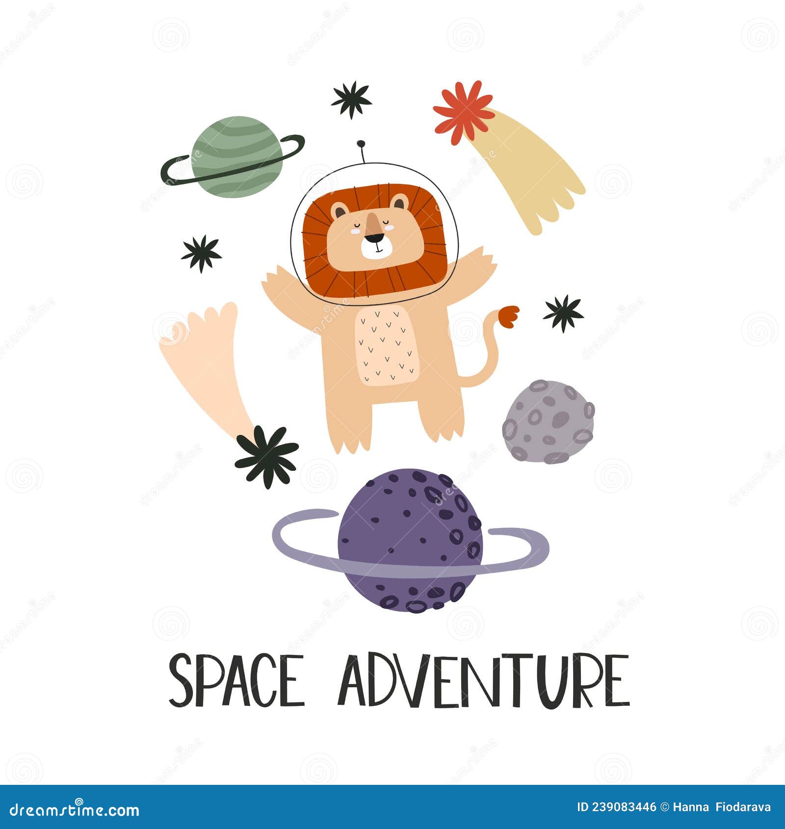 space adventure. cartoon lion, hand drawing lettering, decor s. colorful   for kids.