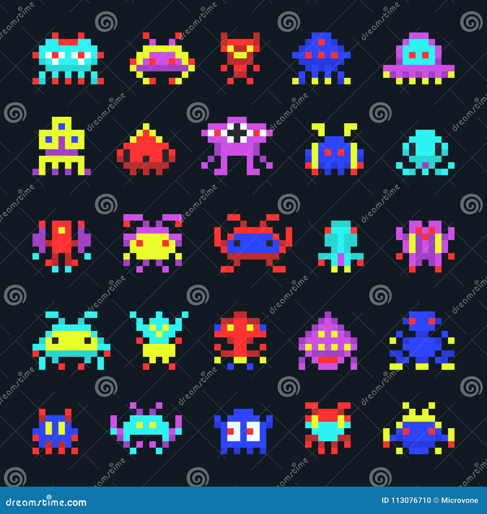 space aliens vintage video computer arcade game pixel  monster icons