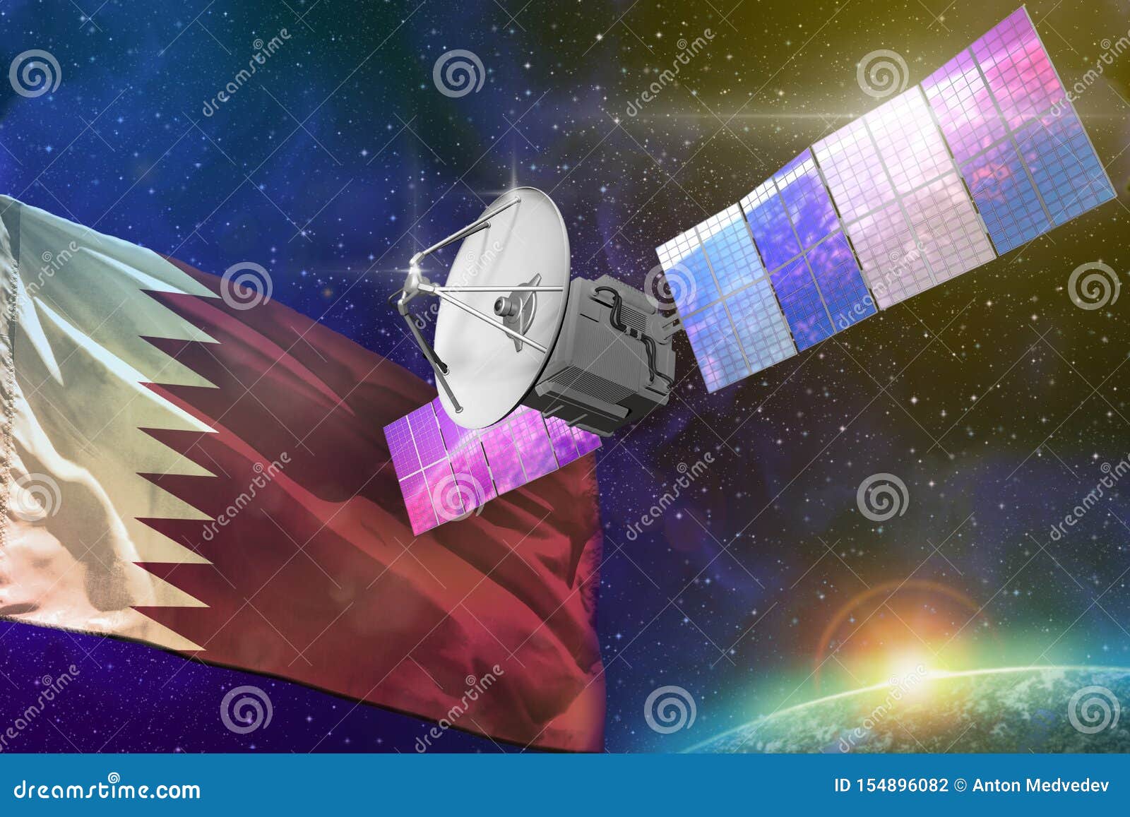 Space Communications Technology Concept Satellite with Qatar Flag, 3D