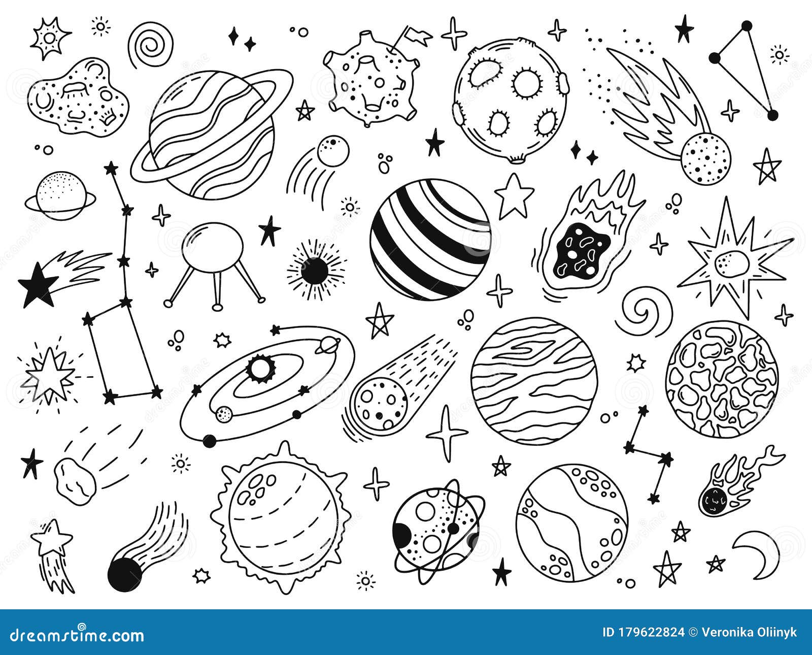 space doodles. sketch space planets, hand drawn celestial bodies, earth, sun and moon. universe space planets 