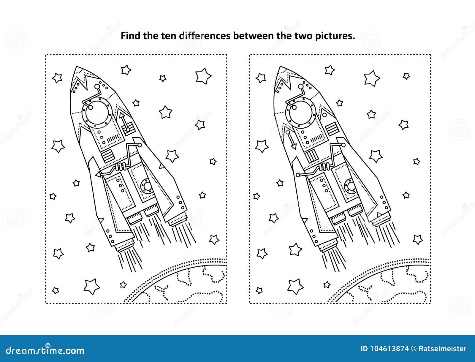 find the differences visual puzzle and coloring page with rocket or spaceship