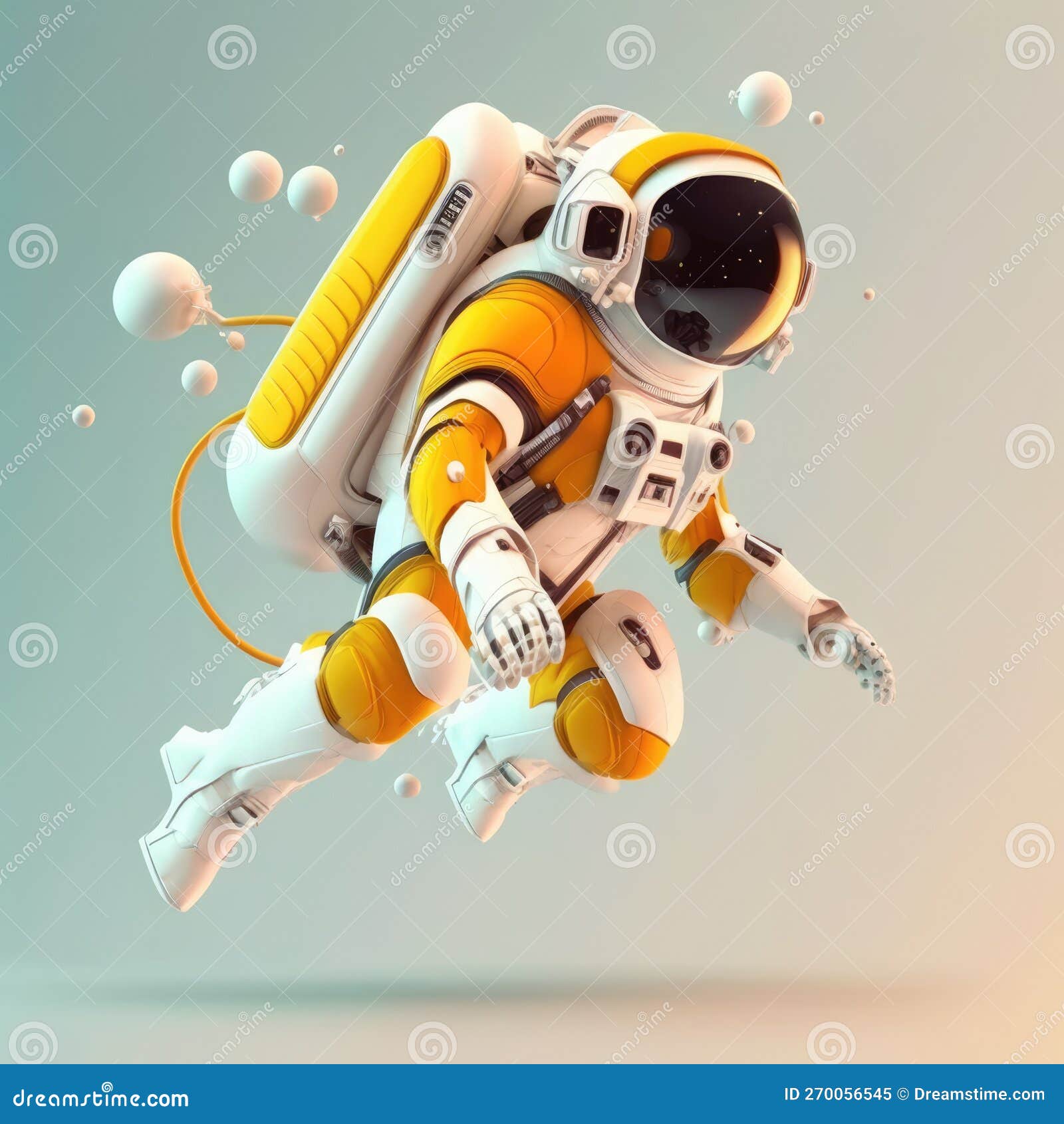 Space Explorer in a Space Suit, Hovering in Zerogravity, with a