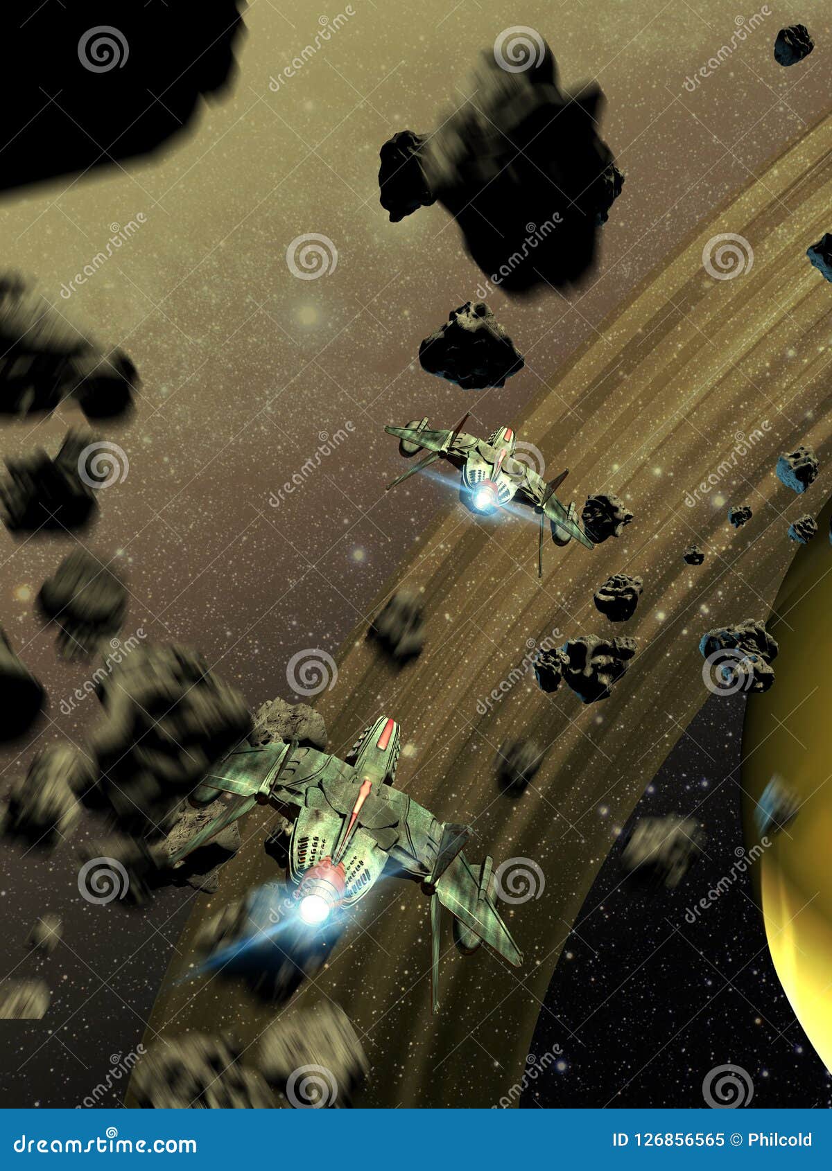 space fighters crossing an asteroids belt