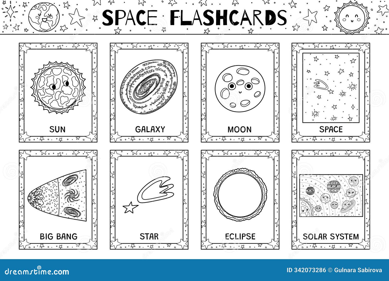Space Flashcards For Kids. Vector Illustrations Of Solar System Planets ...