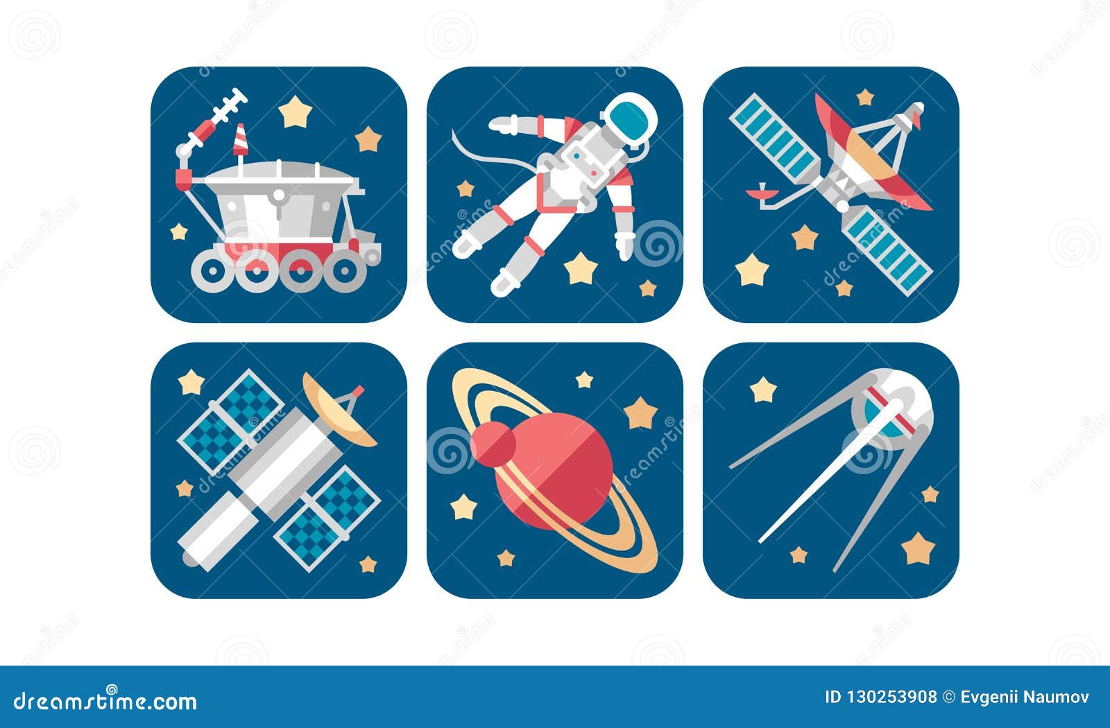 space icons set, artificial satellite, saturn planet, rover, astronaut, spaceship  