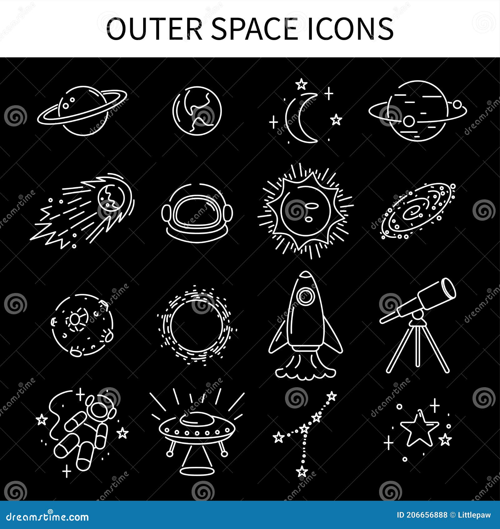 Space Icons Set, Minimalistic Collection of Astronomy Symbols and