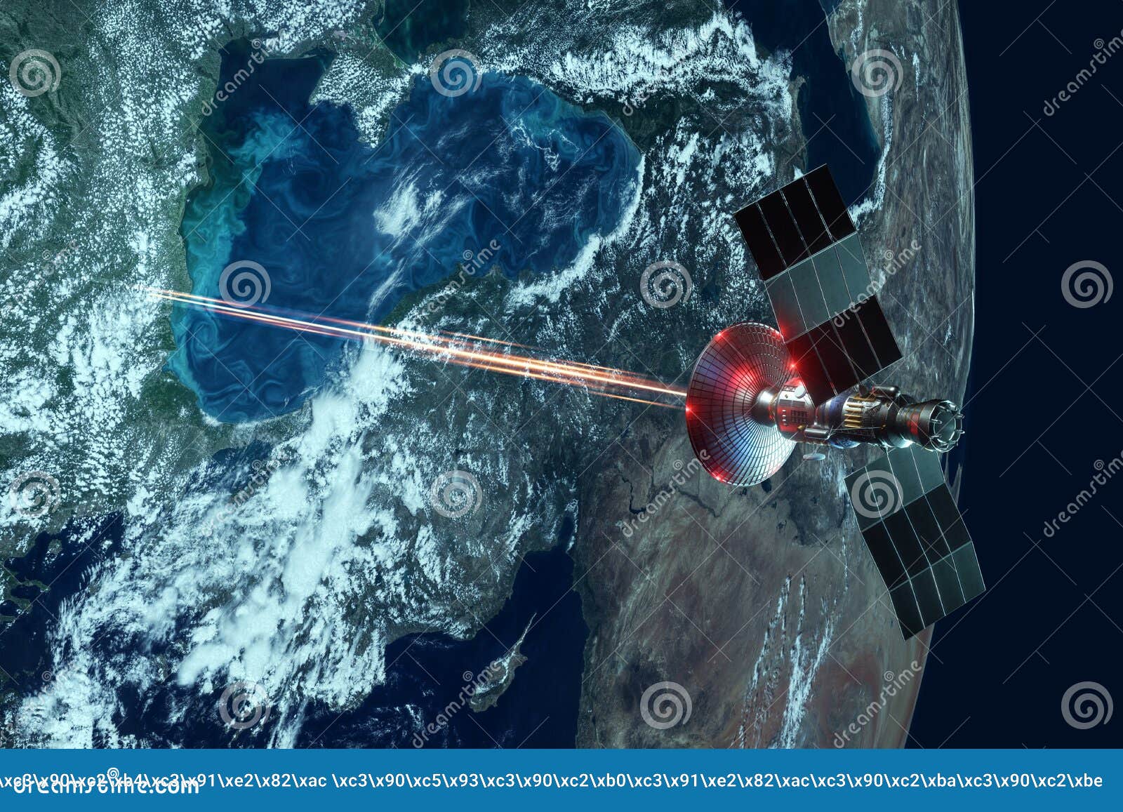 space military satellite, a weapon in space shoots a laser against the background of the earth. attack, technology, space war.