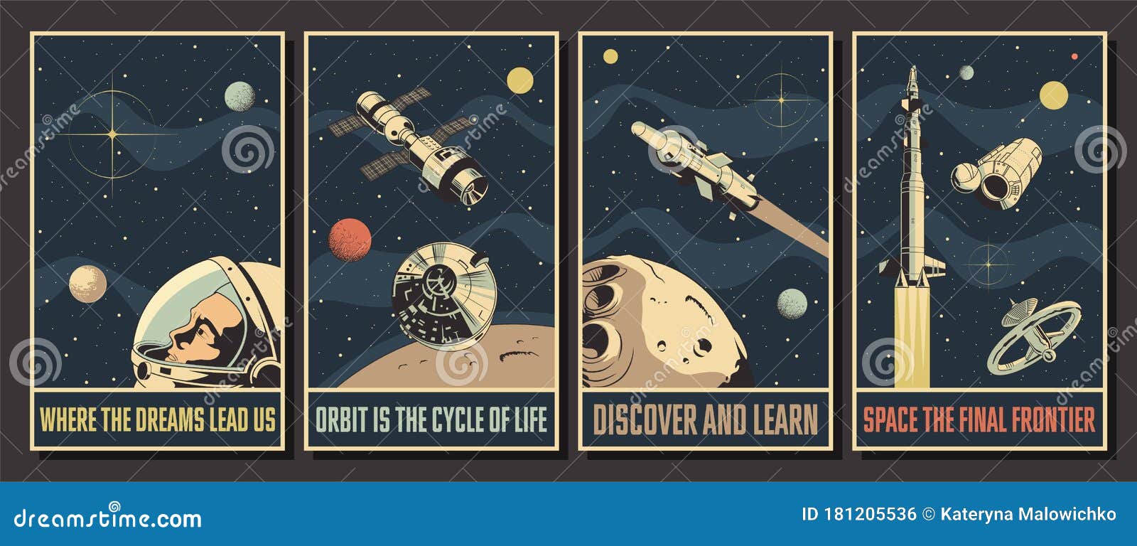 space missions poster set retro future style