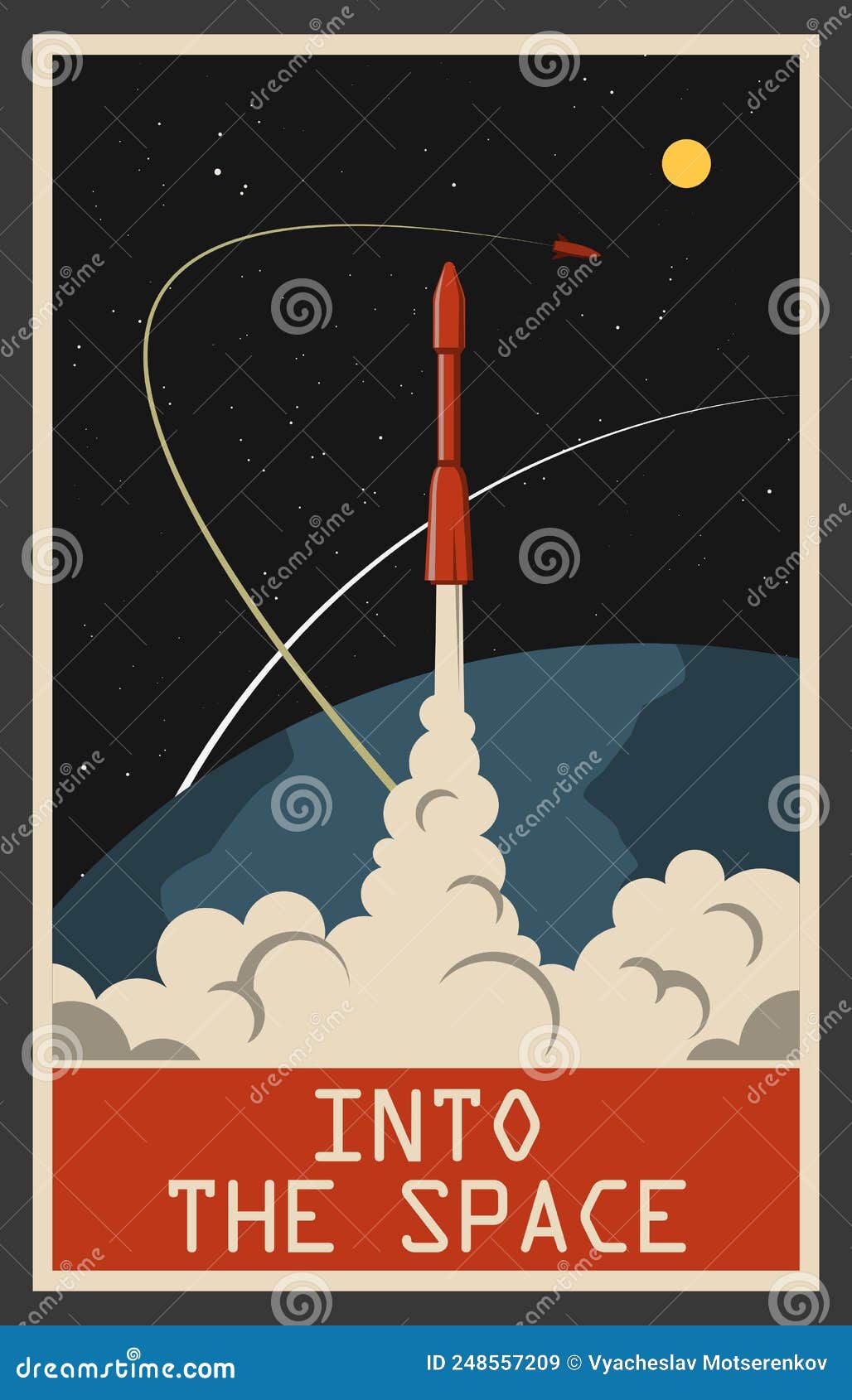 Astronaut on an Unknown Planet Retro Space Poster Stylization, Spaceman  with Helmet, Rockets Launching, Flying Space Rockets Stock Vector