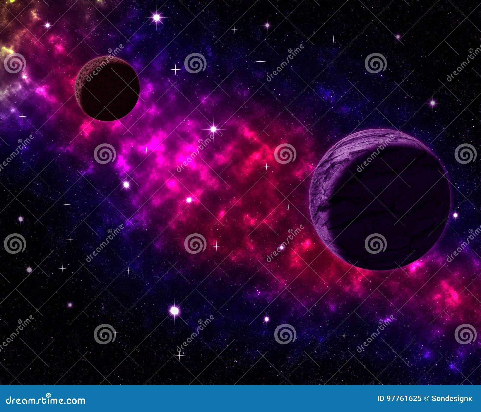 space scenery with globe planets nebula dusts and clouds and glowing stars in universe background astrological celestial galaxy