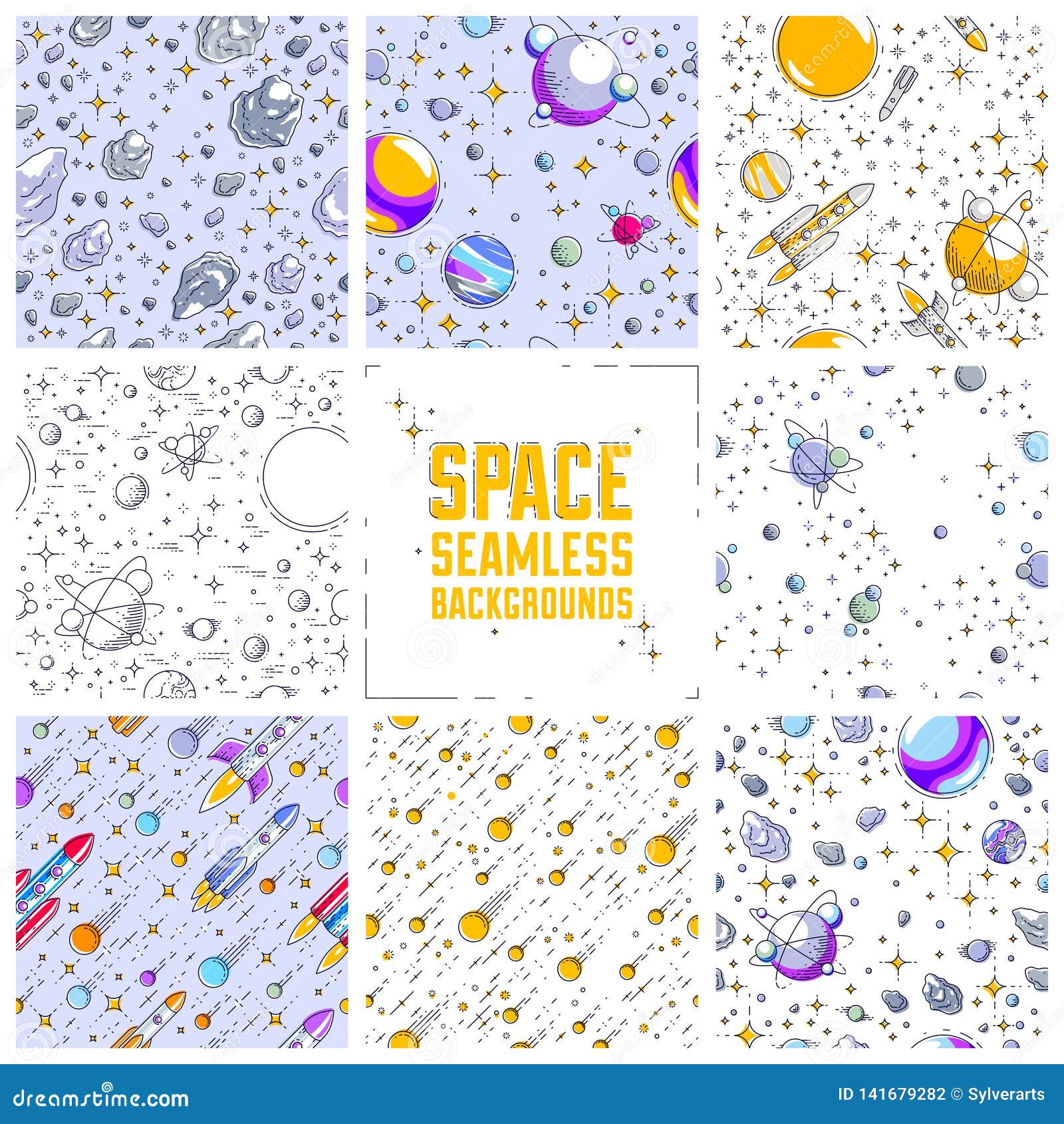 space seamless background with rockets, planets, asteroids, comets, meteors and stars, undiscovered galaxy fantastic textile