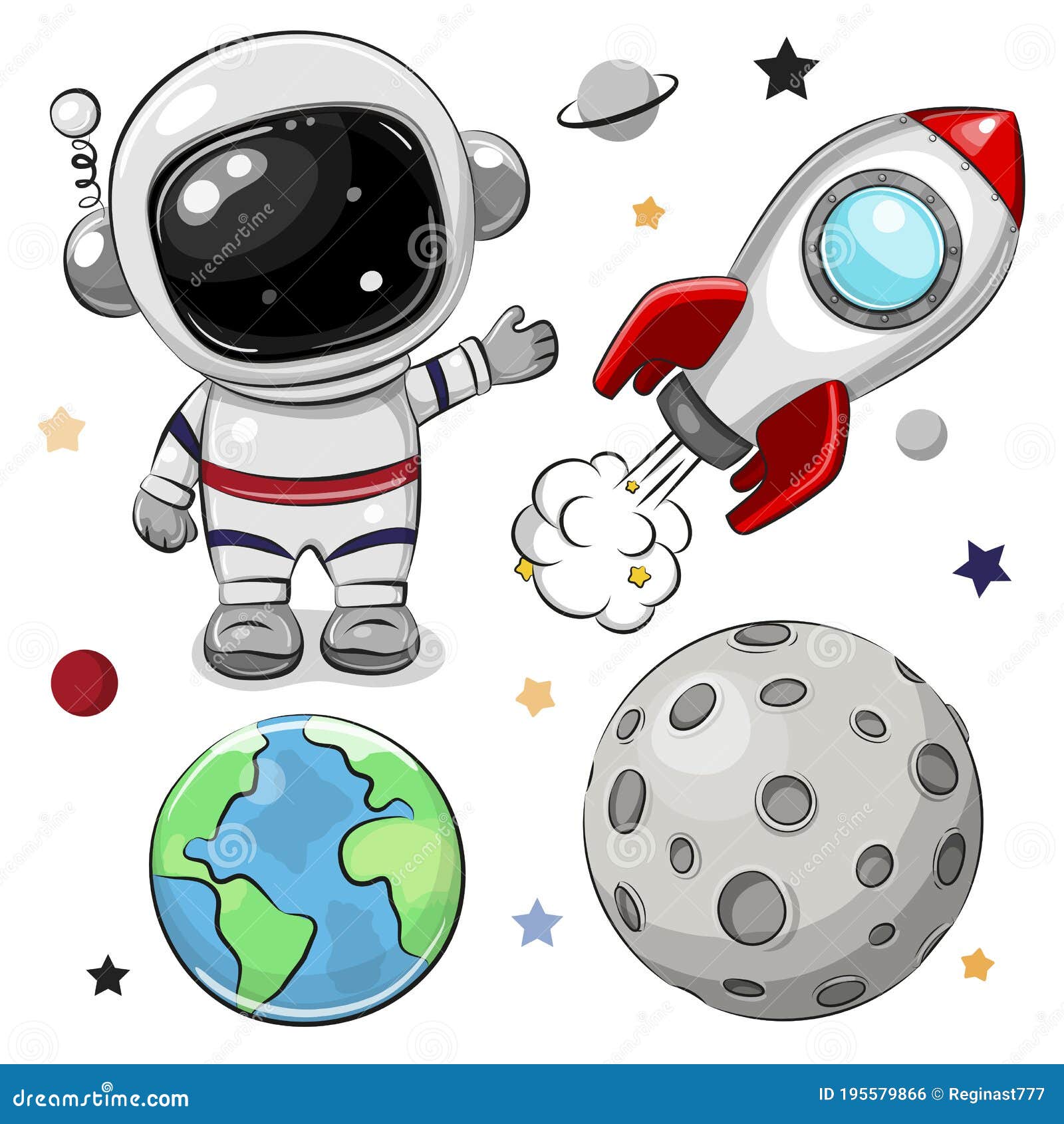 space set of astronaut, rocket and planets