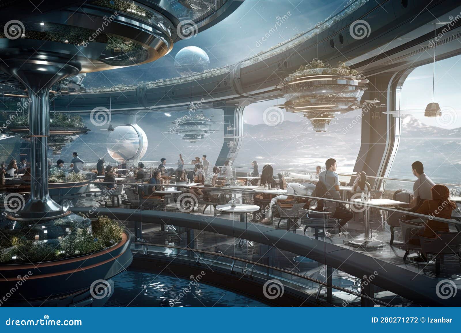 space station restaurant orbiting a distant planet, where interstellar travelers enjoy futuristic cuisine synthesized from exotic