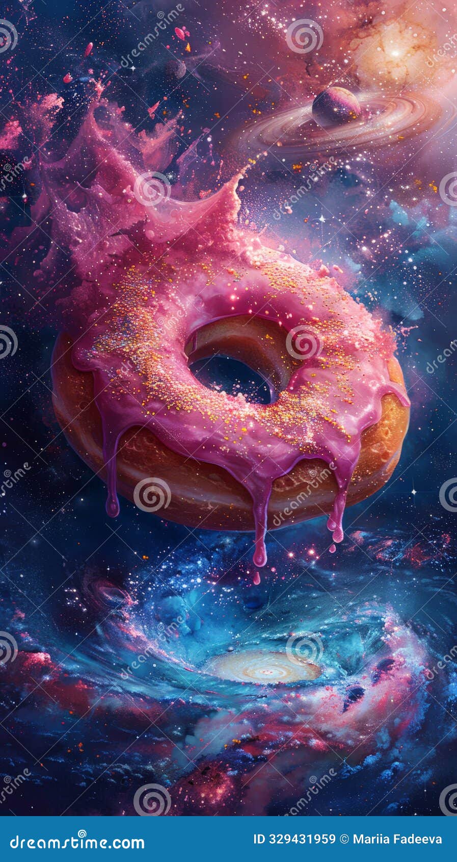 space-themed donut with pink frosting and sprinkles, perfect for creative and imaginative s.