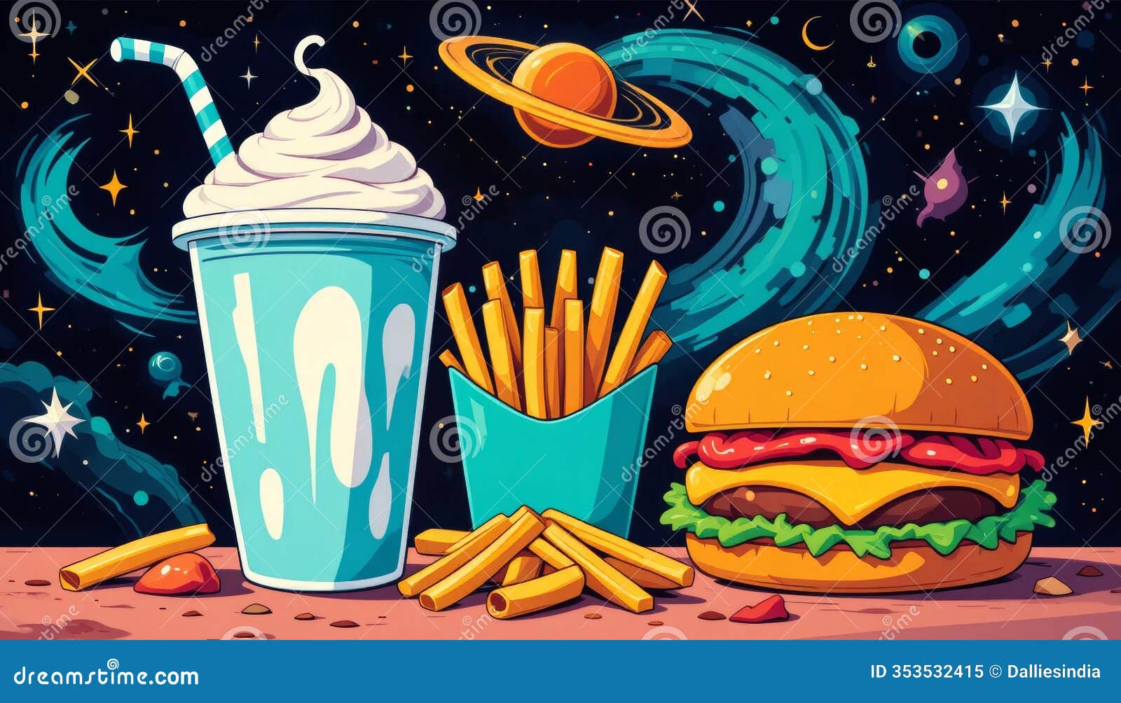 space-themed meal: burger, fries, and milkshake whimsical space meal with classic fast food