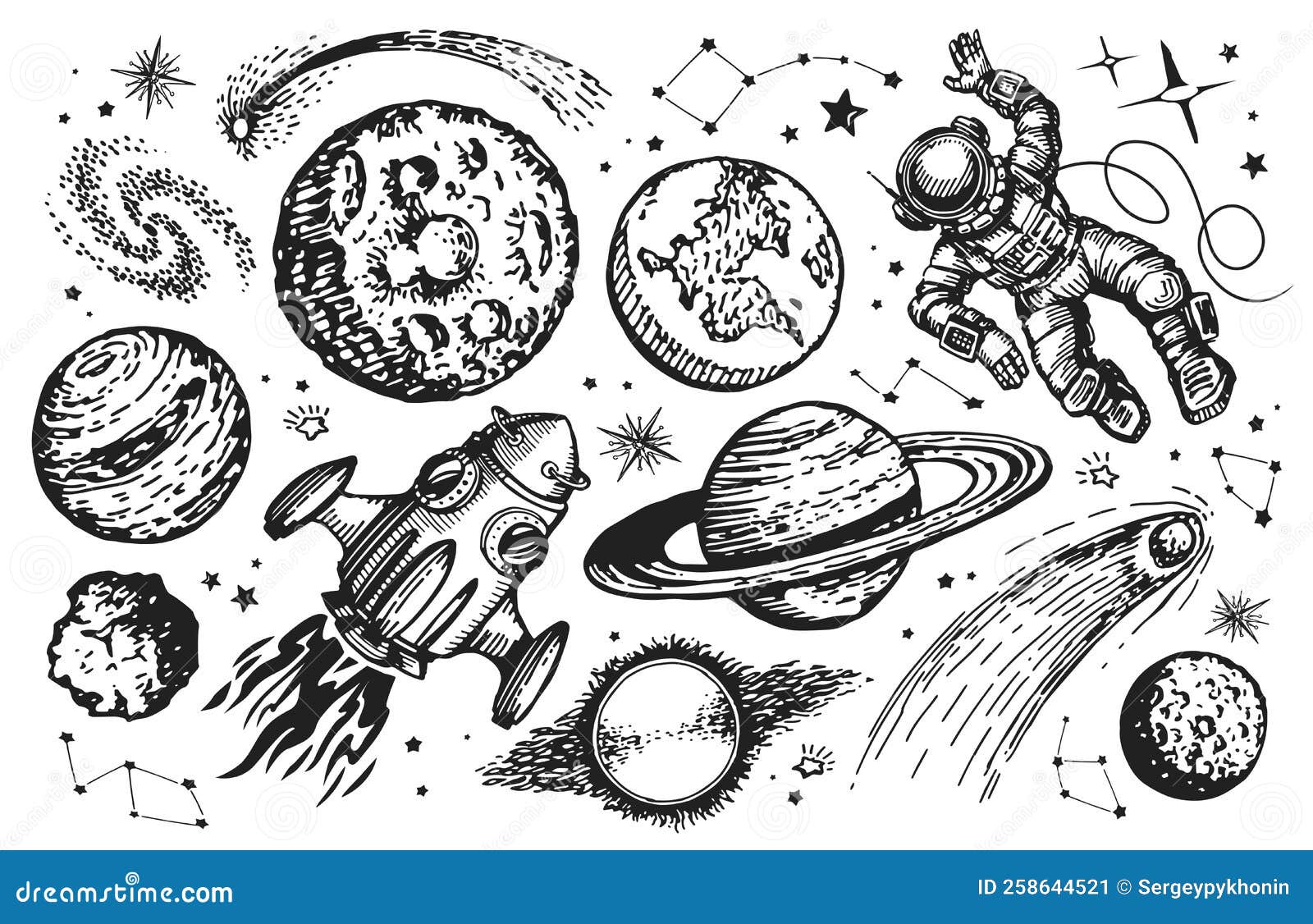 Space Trip Concept Galaxy Drawing Set Spaceship Astronaut Planets And Stars  Sketch Vintage Vector Illustration Stock Illustration - Download Image Now  - iStock