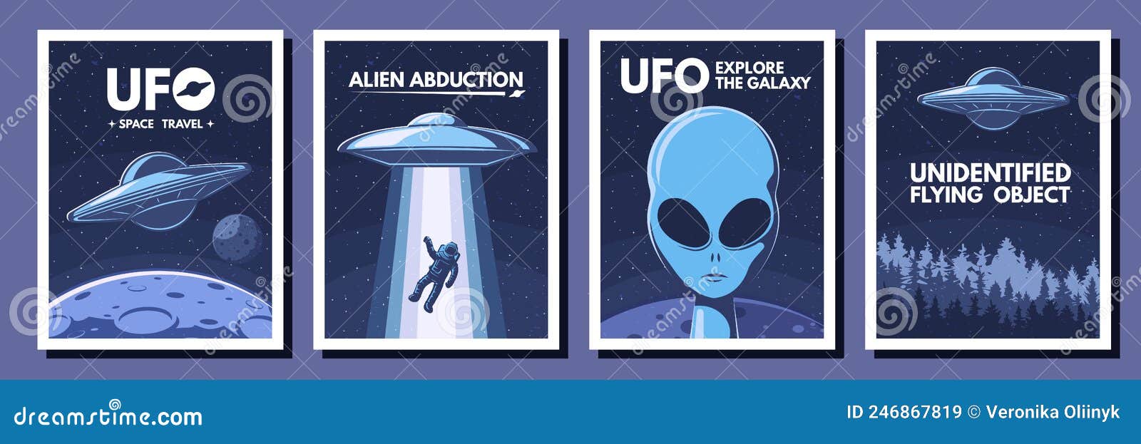 space ufo posters. retro alien, flying object and space travel   set