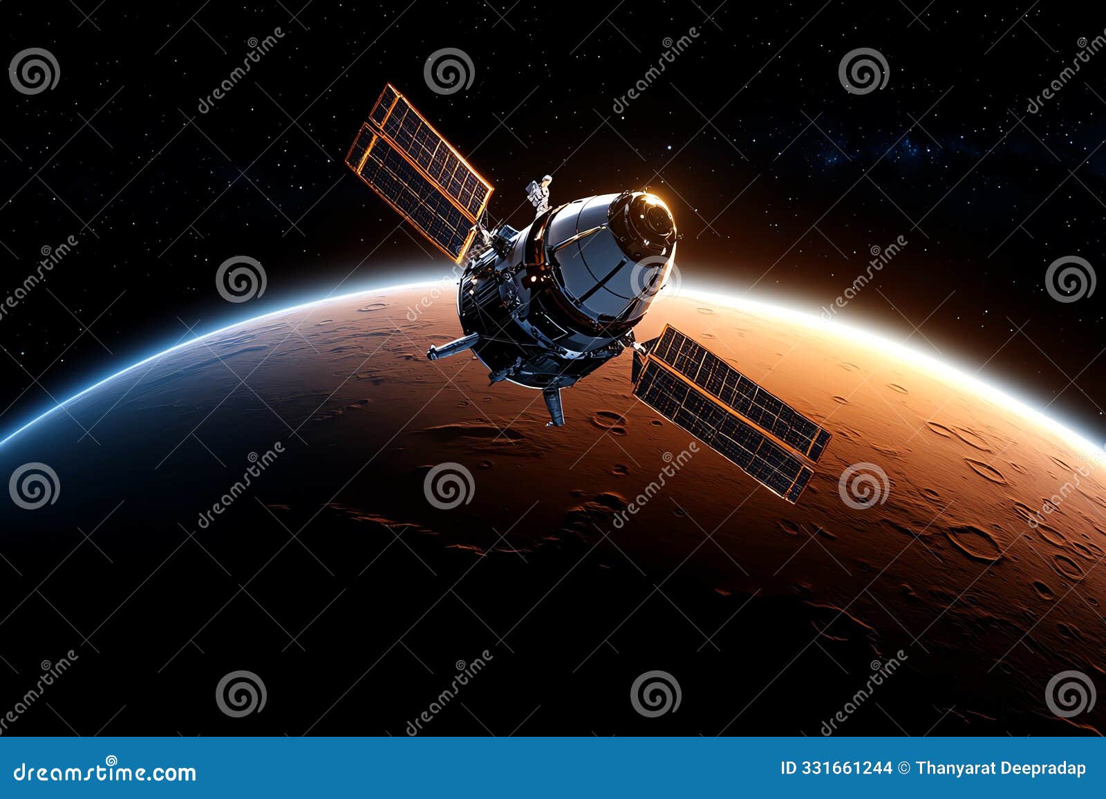 a spacecraft orbits mars, with the planet's red surface and atmosphere visible in the background.