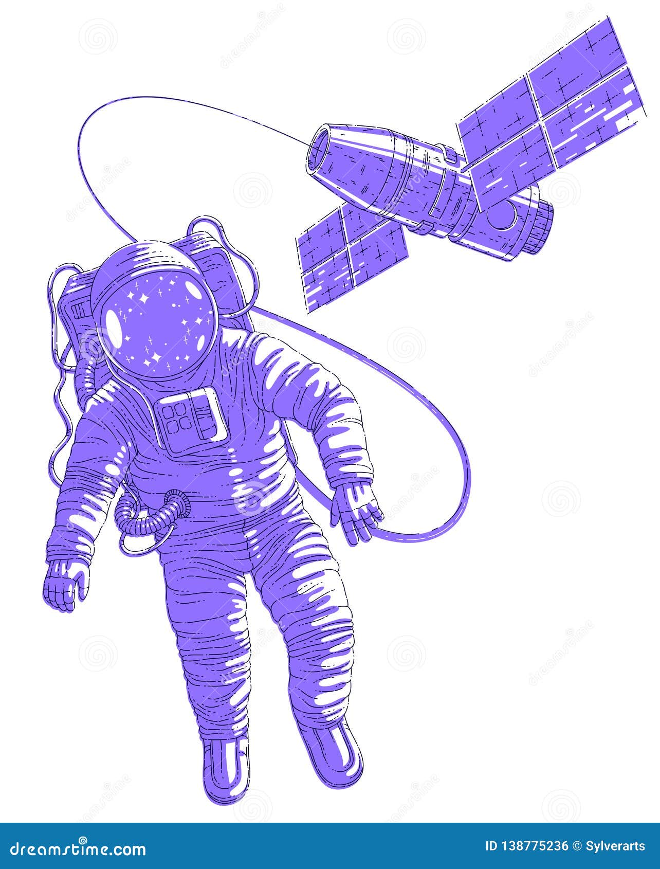 Spaceman Flying in Open Space Connected To Space Station, Astronaut Man ...