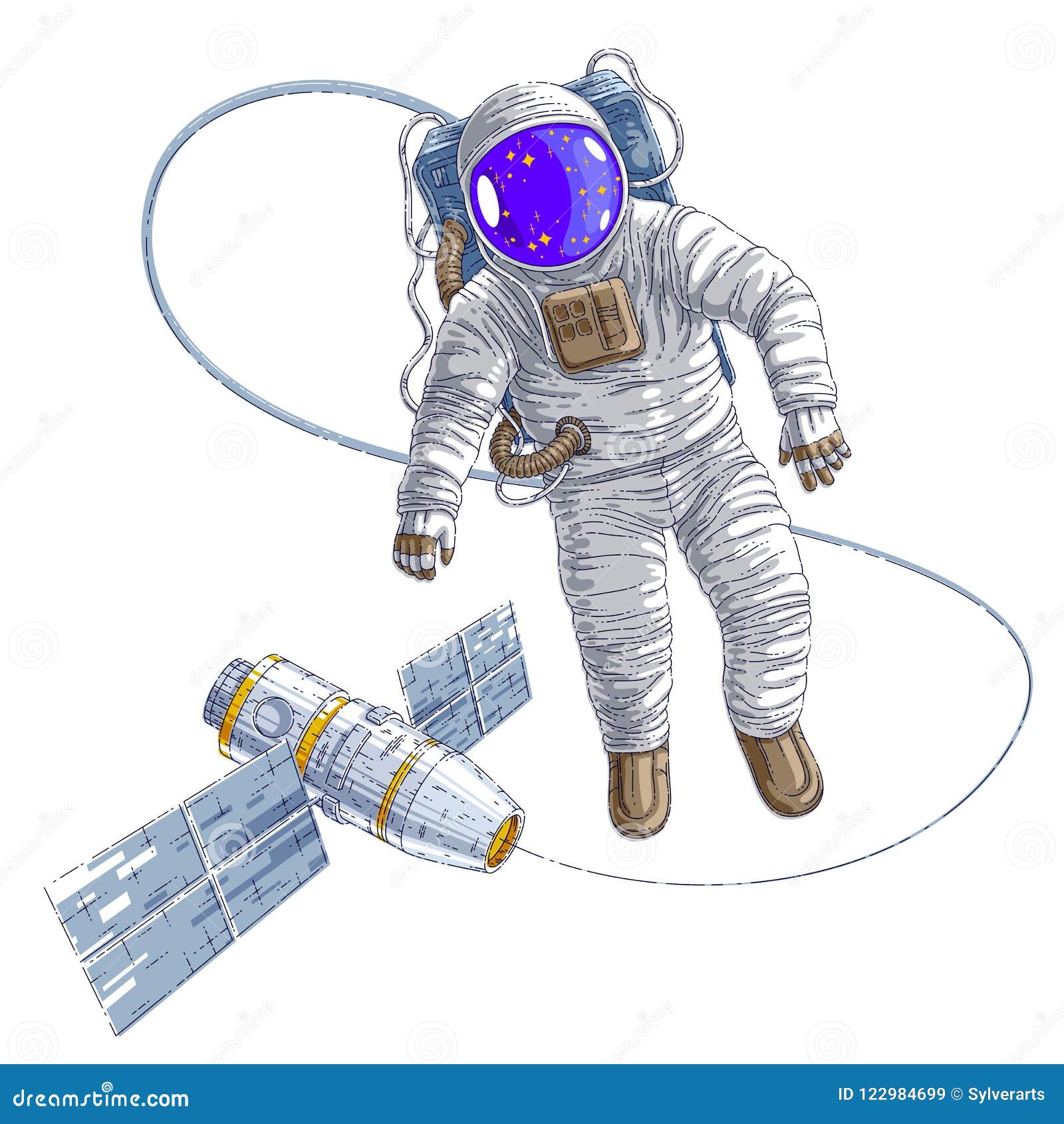 Spaceman Flying in Open Space Connected To Space Station, Astronaut Man ...