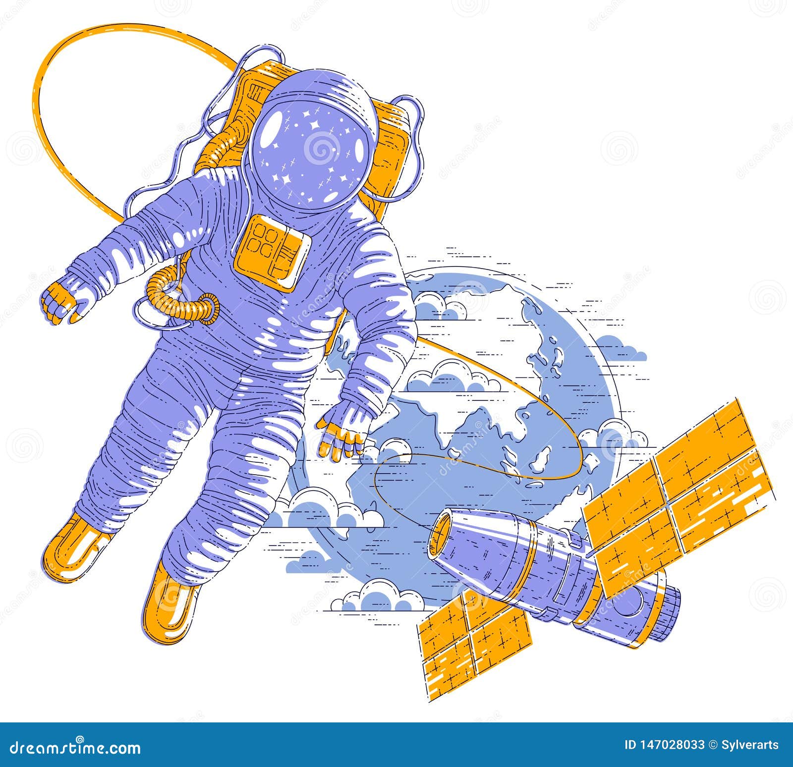 Spaceman Flying in Open Space Connected To Space Station and Earth ...