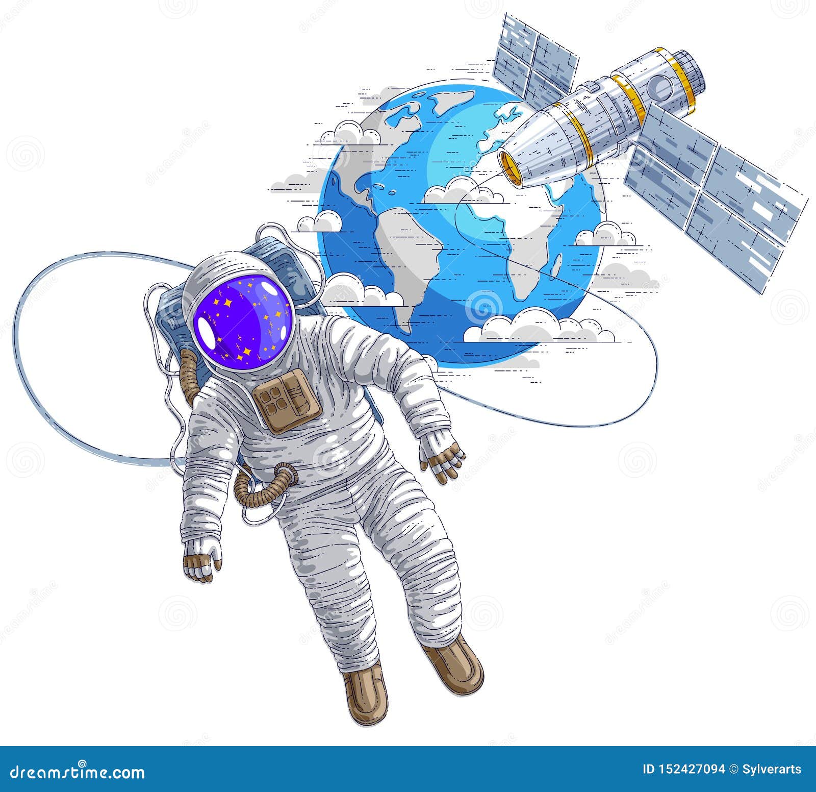 Spaceman Flying in Open Space Connected To Space Station and Earth ...