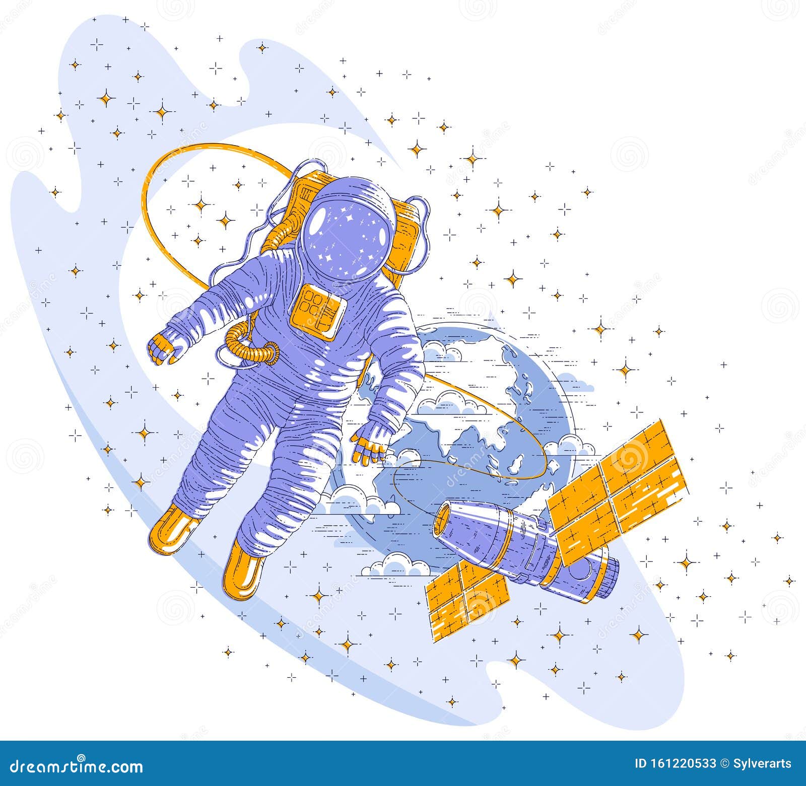 Spaceman Flying Open Space Connected To Space Station and Earth Planet ...