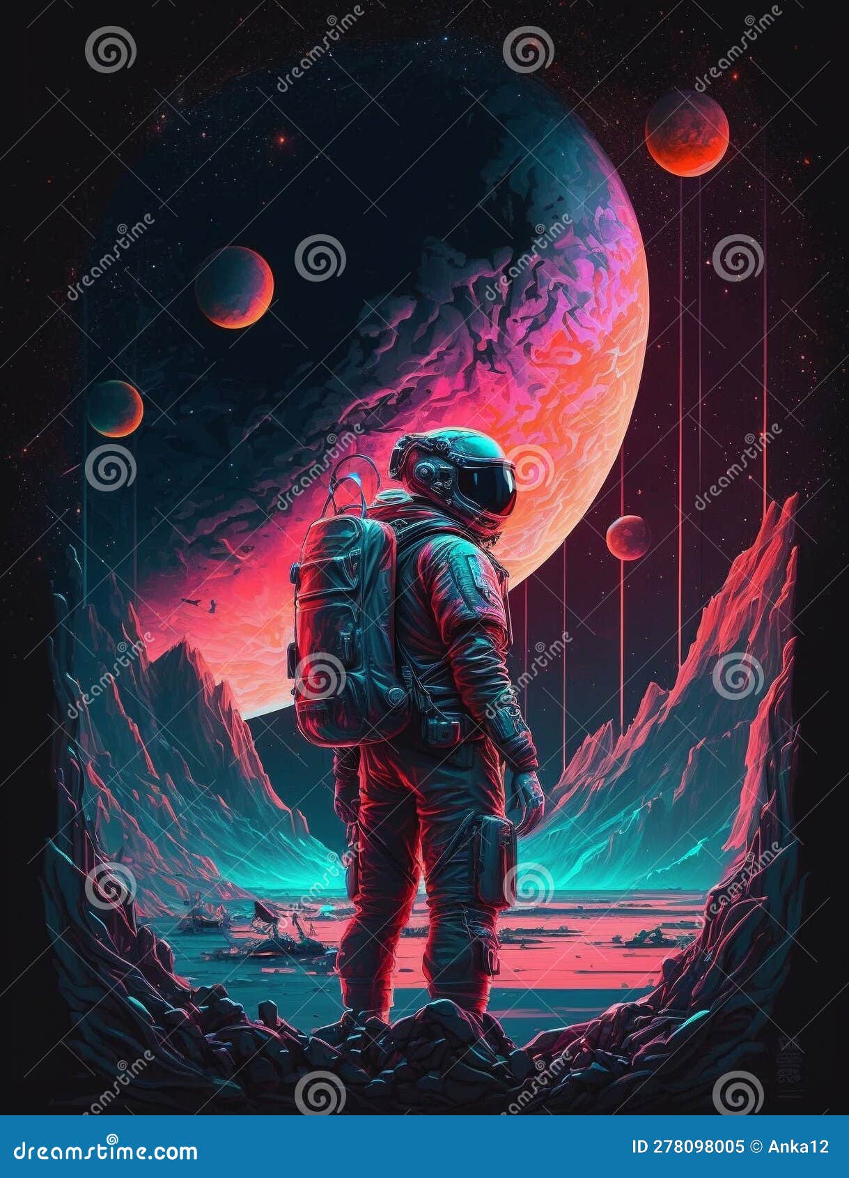 spaceman on futuristic landscape background. astronaut and colorful fantasy planet for national space day. generative ai