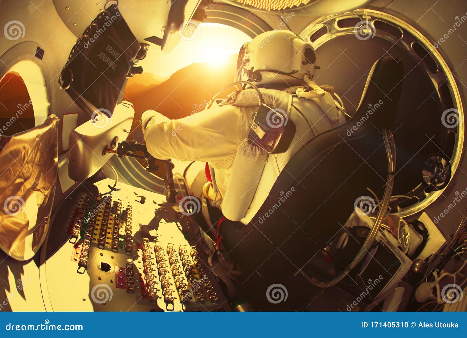 Spaceman is Sitting in a Spaceship on a Planet Mars at Sunset. Astronaut is  Ready To Enter a New Planet. Concept of Man Travels. Stock Photo - Image of  galaxy, sitting: 171405310