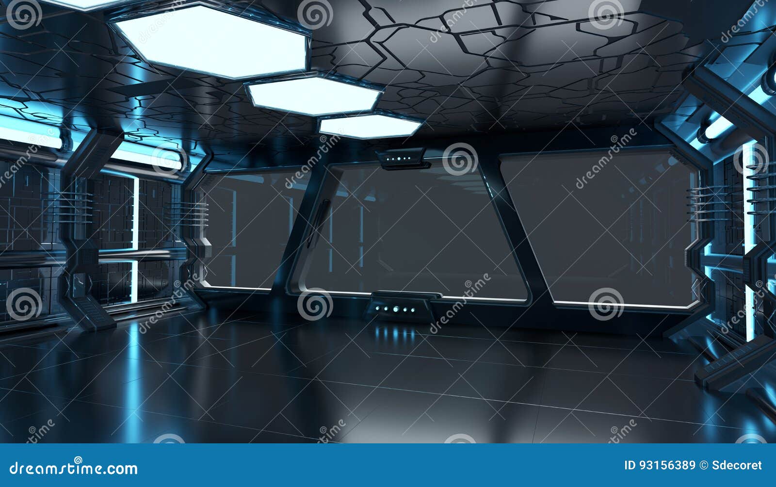 Spaceship Blue Interior With Empty Window 3D Rendering Elements Stock