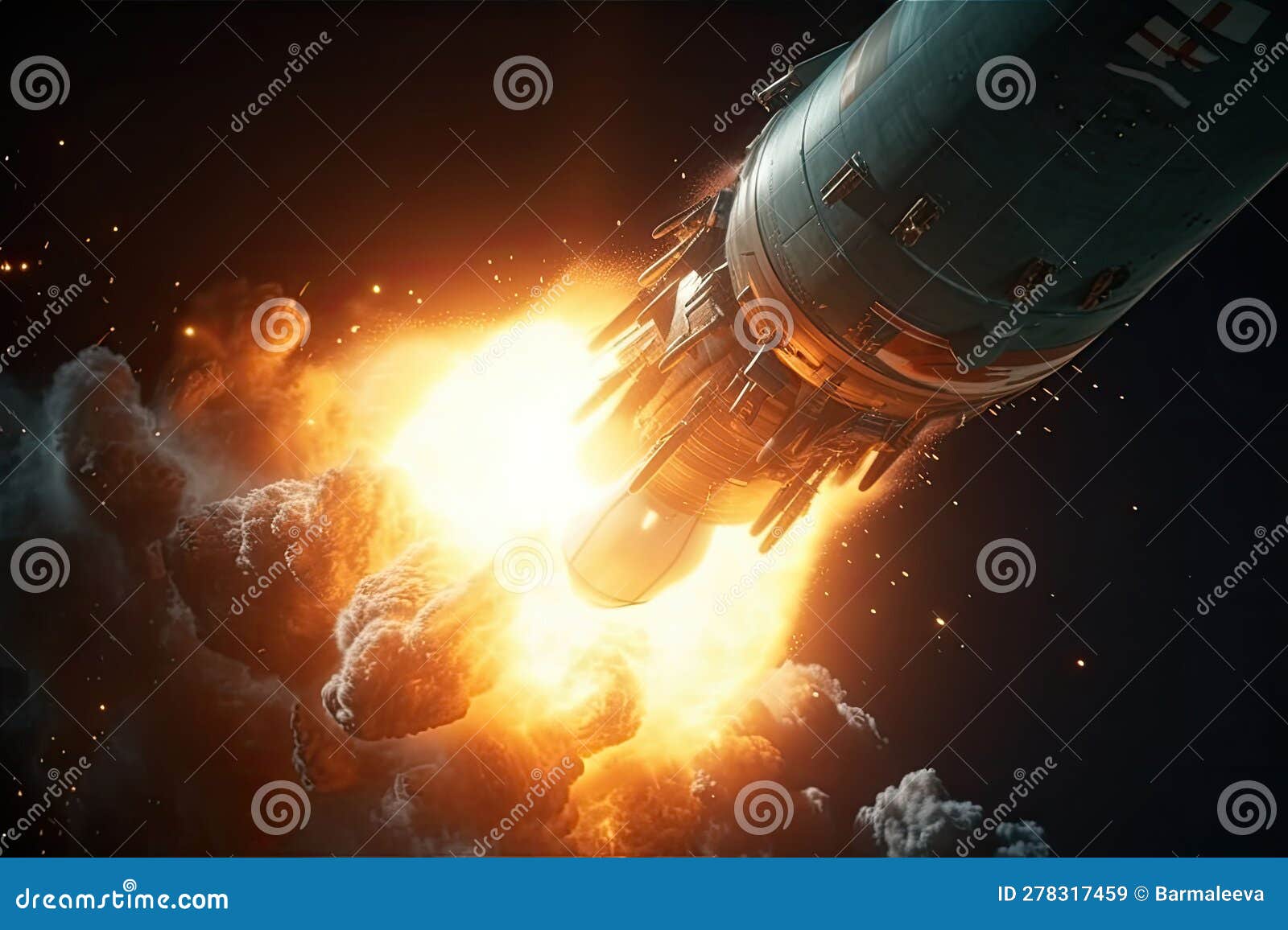 the spaceship explodes after launch. failed rocket lift off and space mission failure. generative ai
