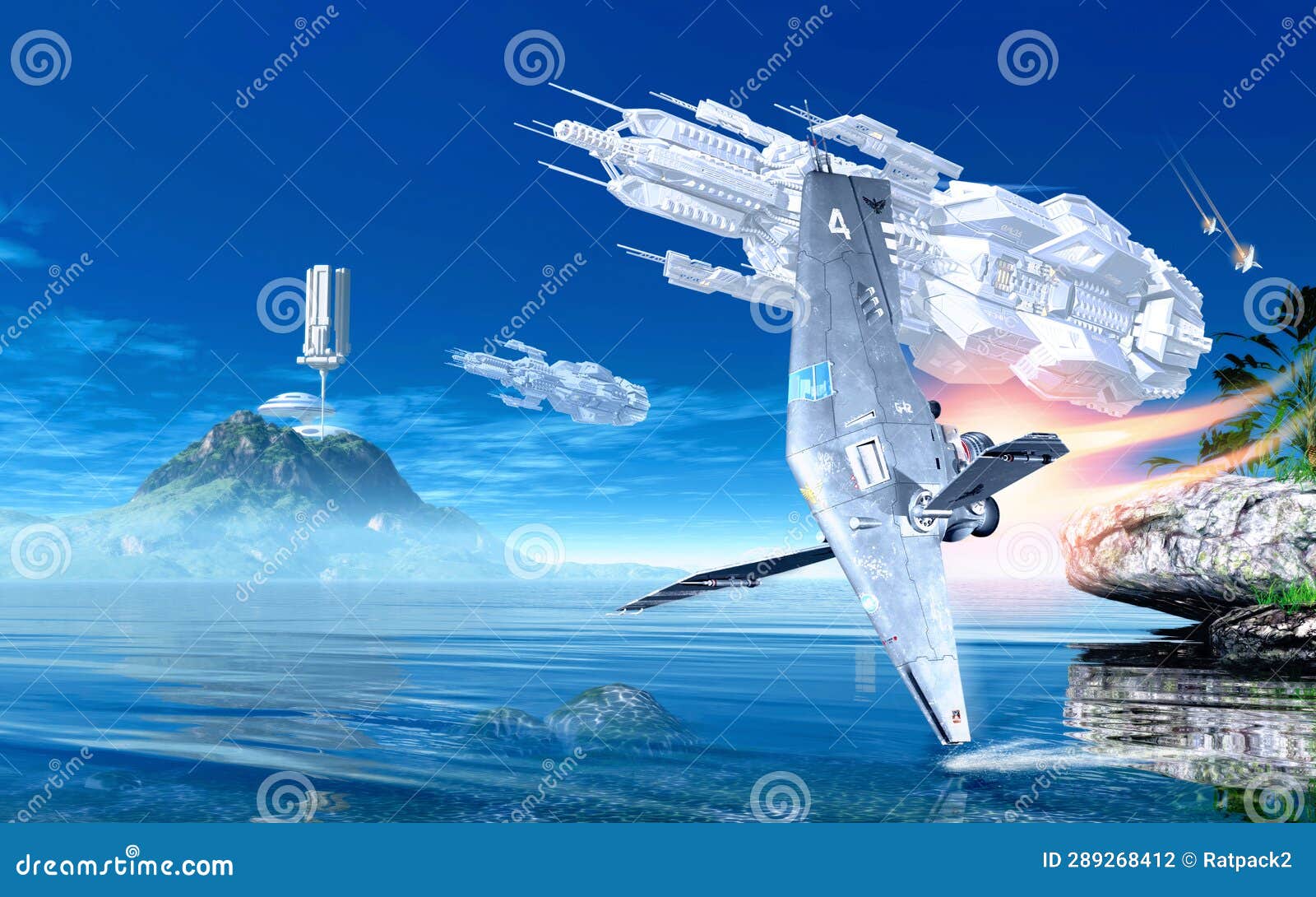 a spaceship flies over an alien ocean while some spaceships float in the sky