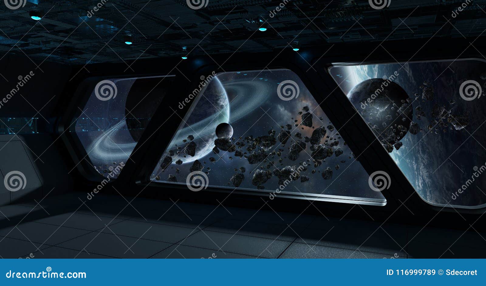 Spaceship Futuristic Interior With View On Exoplanet Stock