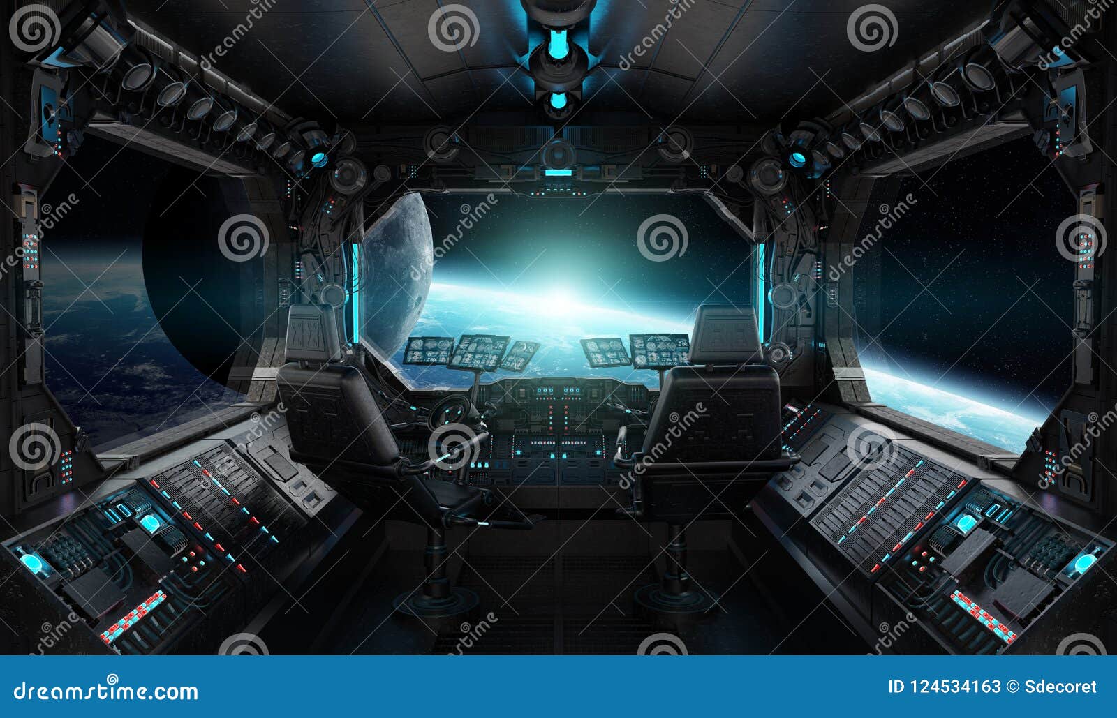 Spaceship Grunge Interior With View On Planet Earth Stock