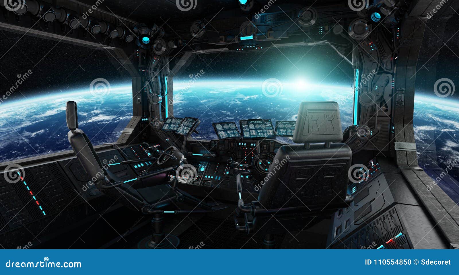 Spaceship Grunge Interior With View On Planet Earth Stock