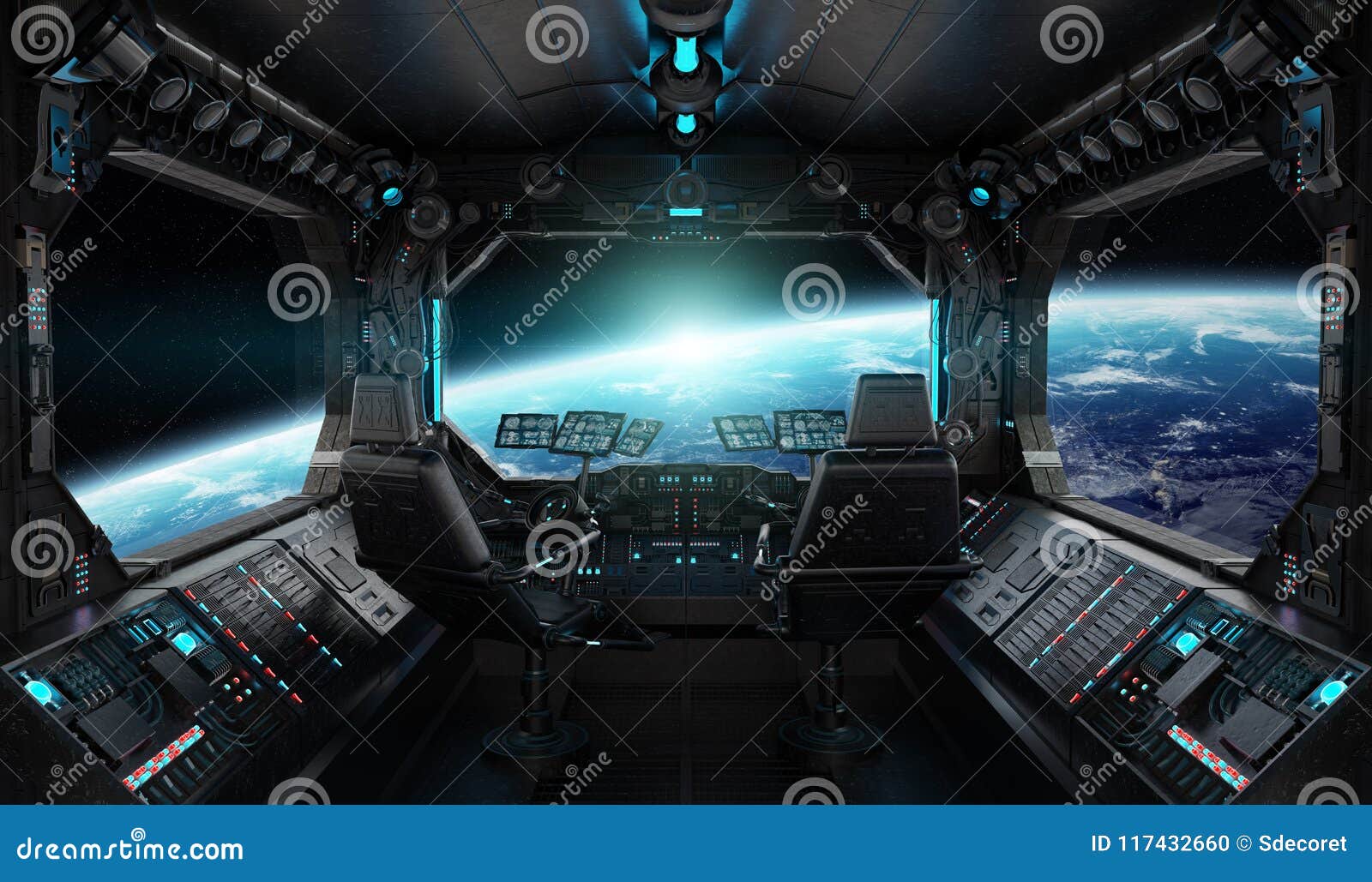 Spaceship Grunge Interior With View On Planet Earth Stock
