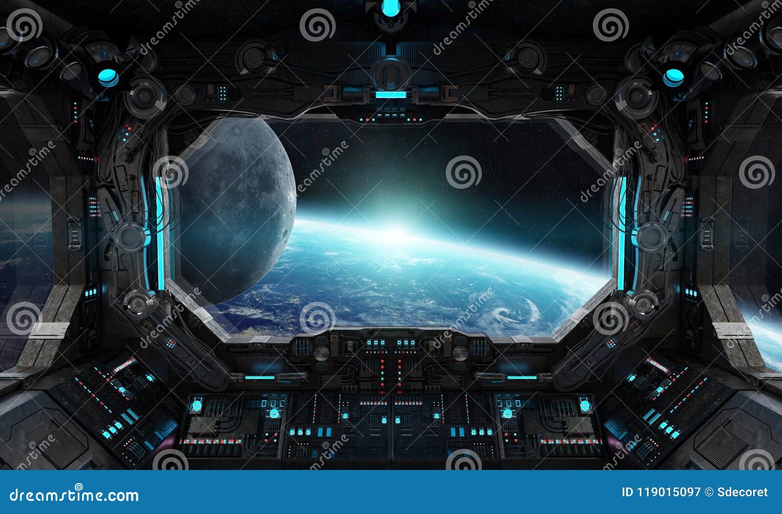 Spaceship Grunge Interior With View On Planet Earth Stock